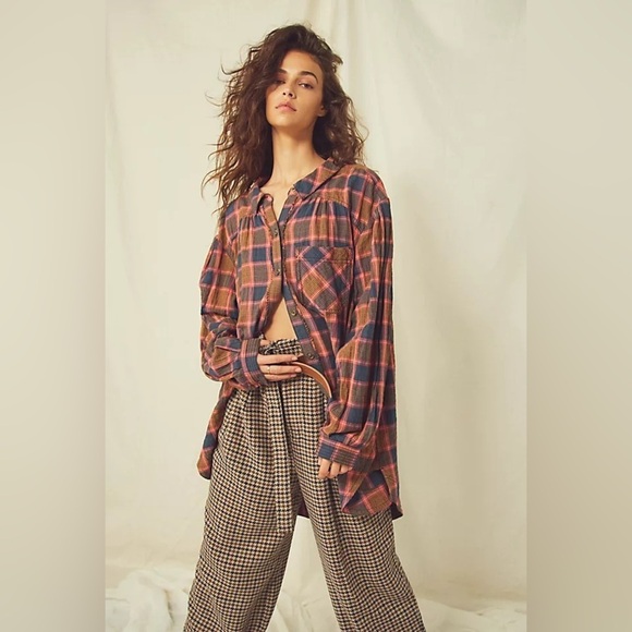 Free People Wild Side Tunic Plaid Oversized Tie Back Shirt Size S - Picture 10 of 11